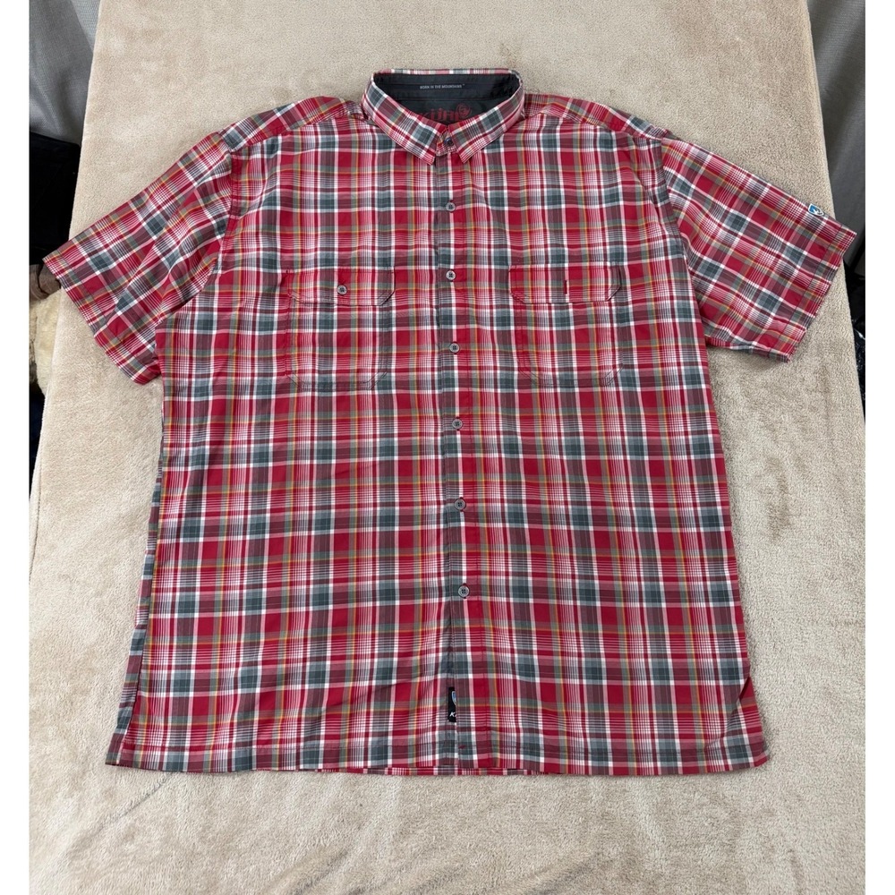 Kuhl Eluxur Mountain grown Shirt mens size 2XL Red/Gray Plaid Short Sleeve EUC